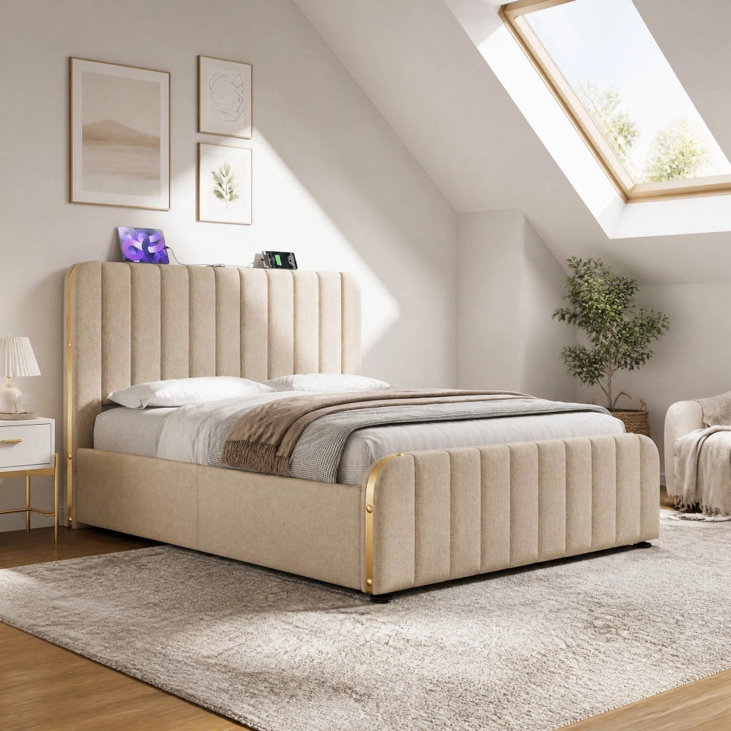 LETTO Contenitore 160x200 cm in lino beige con ricarica USB e Type-C
