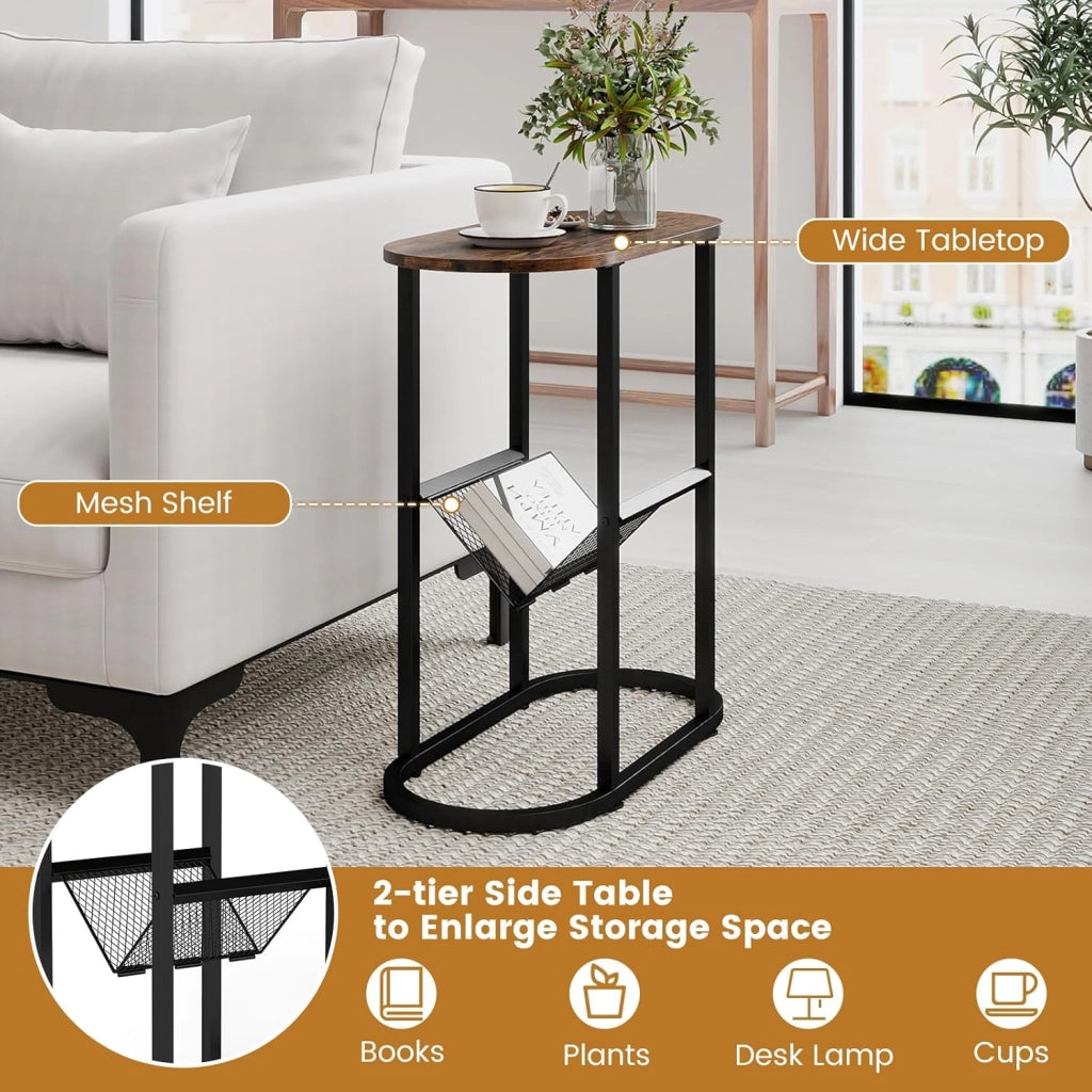 Tavolino a 2 ripiani, piccolo comodino con vano portaoggetti, struttura in metallo, 60 x 28,5 x 64 cm, tavolino laterale compatto per soggiorno e camera da letto (marrone)