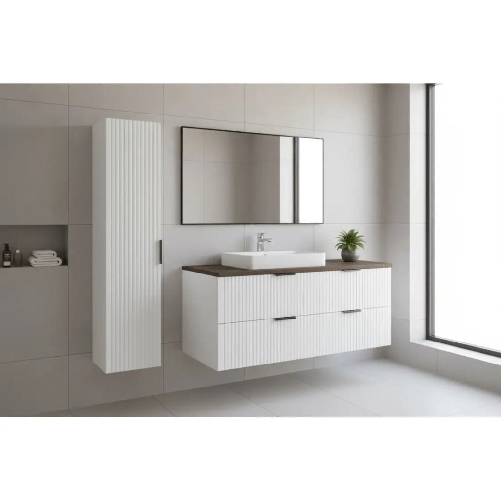 Set per il bagno NOXERA 80 cm – Mobile sospeso bianco con piano per lavabo effetto legno di abete e colonna