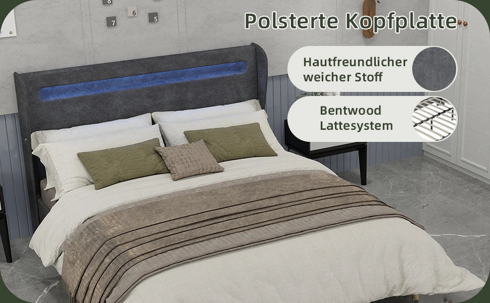 Letto imbottito con testiera LED ¨C Minimal ¨C Grigio 160x200 cm