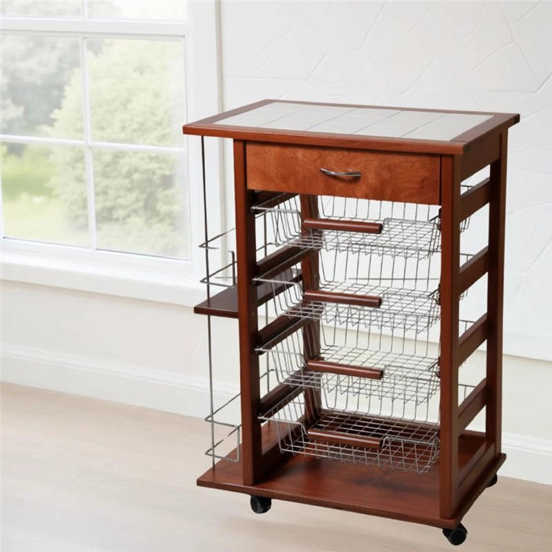 CARRELLO VESUVIO CON CASSETTO + PORTABOTTIGLIE CILIEGIO IN FAGGIO E BASE INFERIORE MULTISTRATO DI BETULLA 1 CASSETTO 4 CESTELLI
