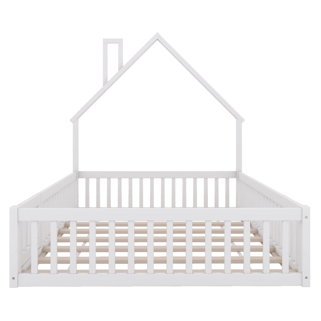 Letto per bambini 140x200 cm con forma camino; in pino e MDF; bianco/grigio