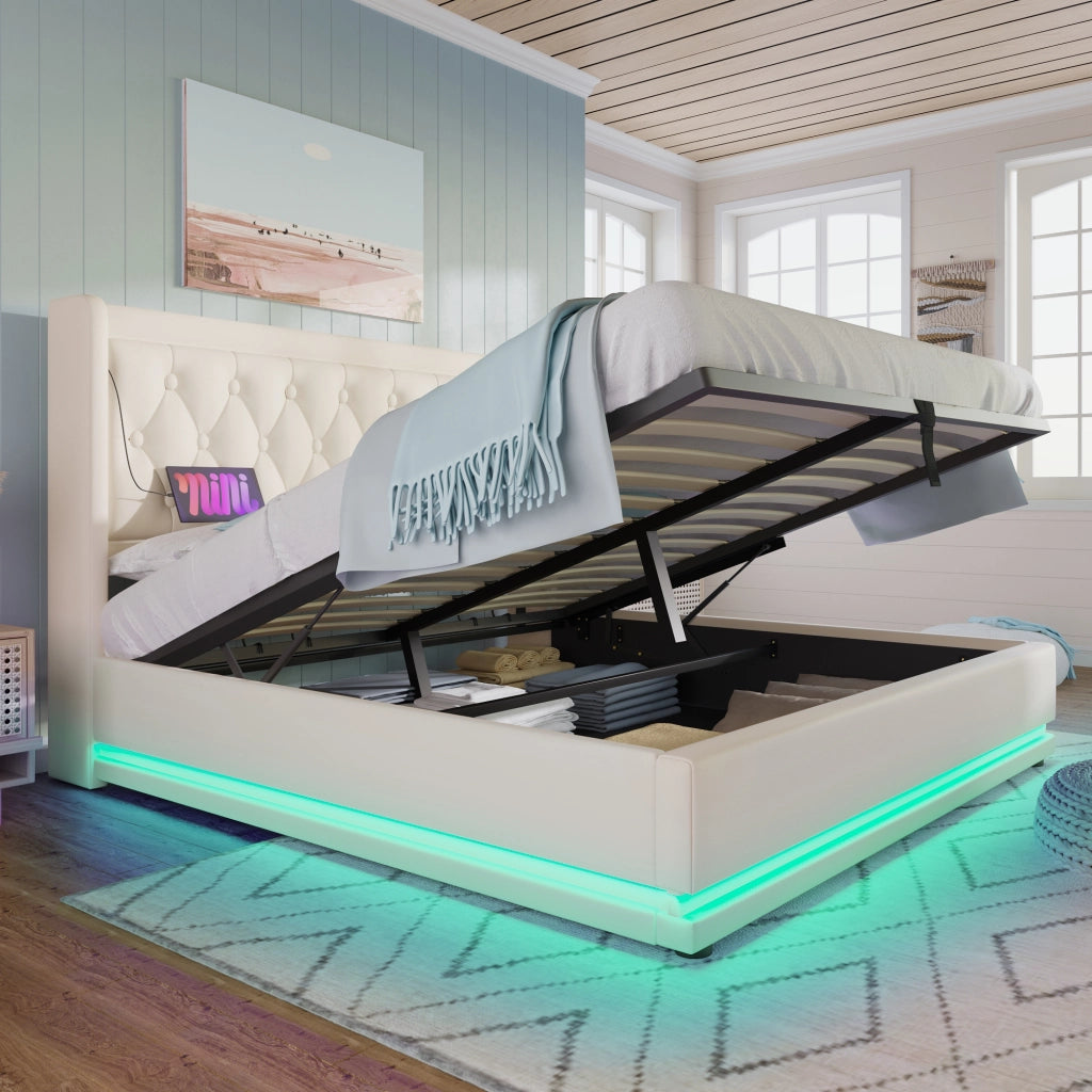Letti contenitori 160x200 cm; testiera con USB Type-C e LED; PU bianco (Senza materasso)
