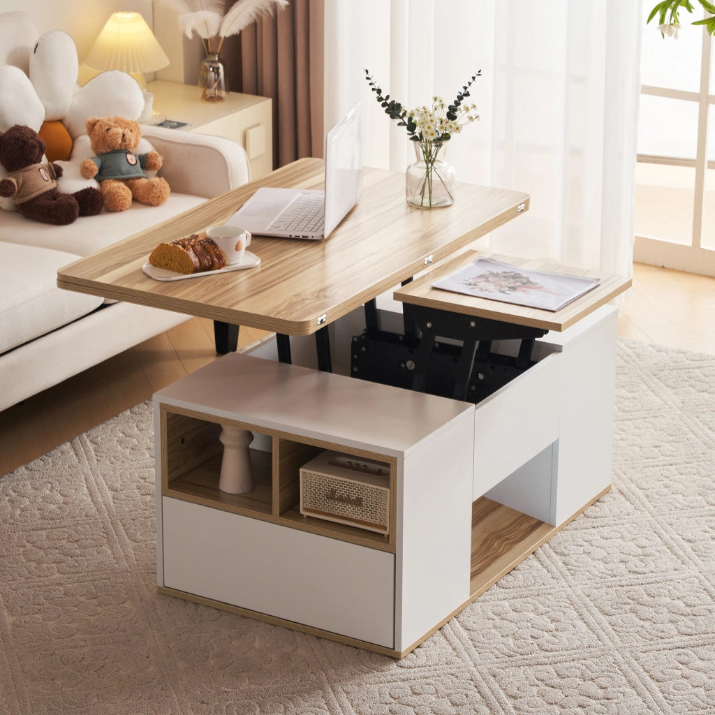 Tavolino da caffè 100x51x47 cm; piano sollevabile 2 in 1 con 2 cassetti; truciolare bianco e colore naturale