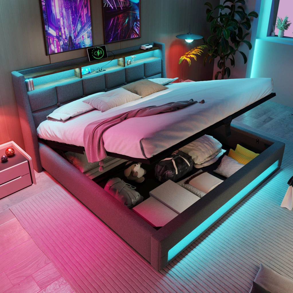 Letto matrimoniale 160x200 cm imbottito con LED e USB; in lino grigio; con contenitore