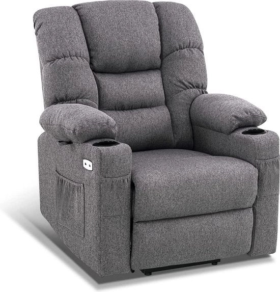 Sedile Relax Lussuoso - Posizione Laterale 170 Gradi - Supporto per le Gambe - Sedile Chill - Connettori USB - Grigio - Tessuto - Retro - Sedile per TV - Funzione di Alzamento - 3 Motori - 90 x 84 x 108 cm