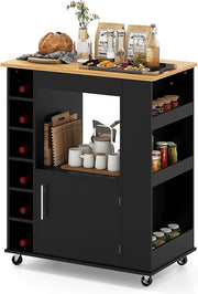Carrello da Cucina con Ruote, Isola da Cucina con Scomparti Portabottiglie a 6 Scomparti, Portaspezie e Portasciugamani, 76x44x89 cm (Nero)