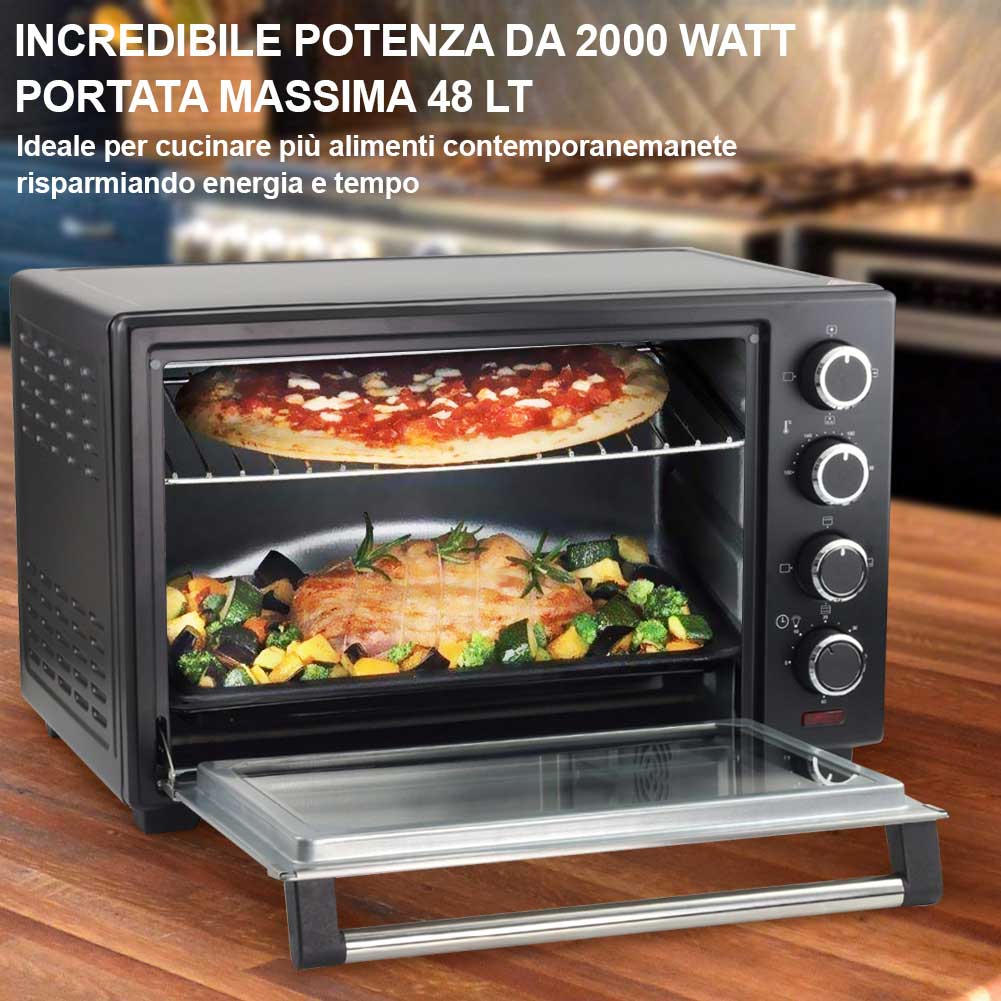Forno Fornetto Elettrico Ventilato 48 litri 2000W Luce Interna Timer Girarrosto