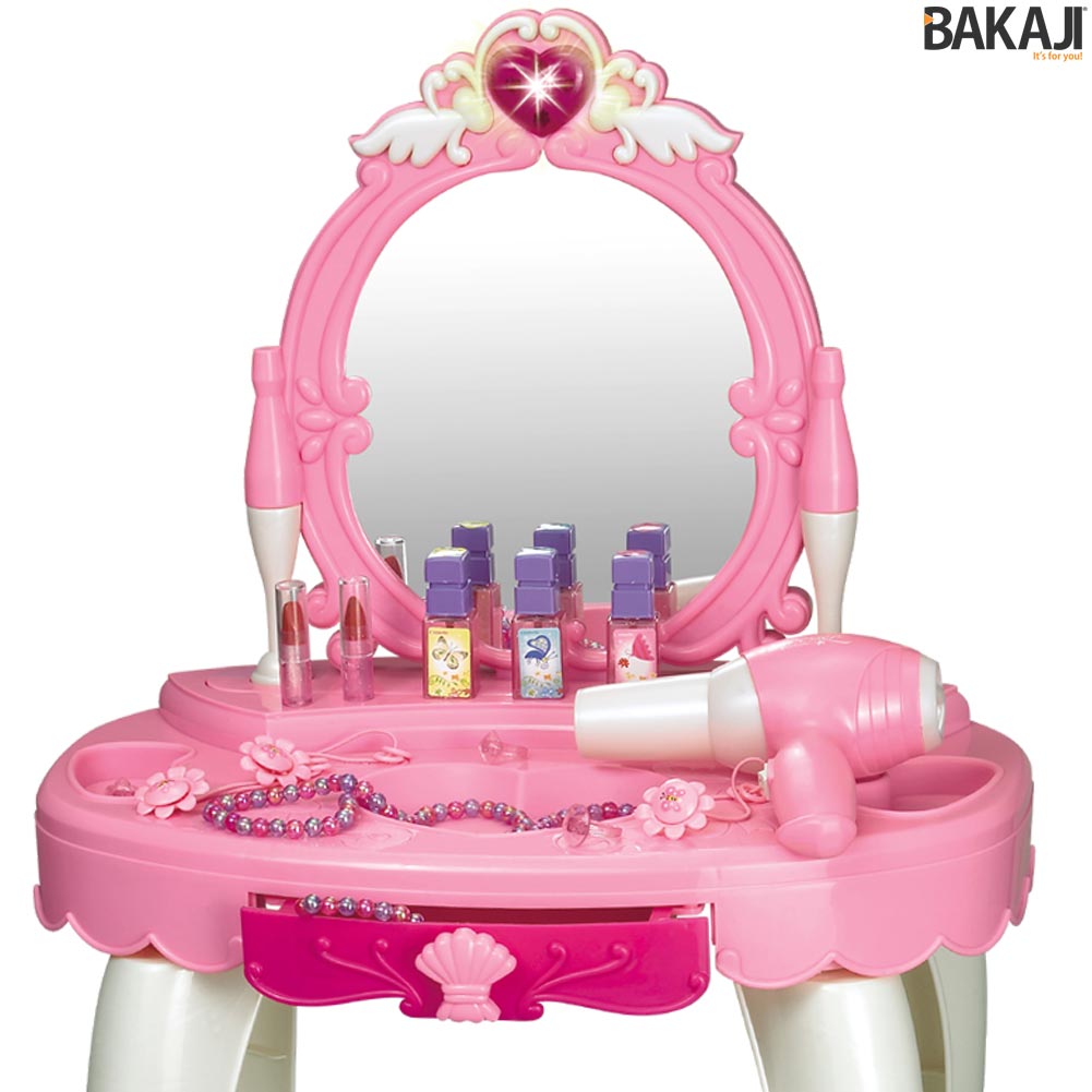 Specchiera Make Up Per Bambina Con Luci Suoni Asciugacapelli Reale E Sgabello