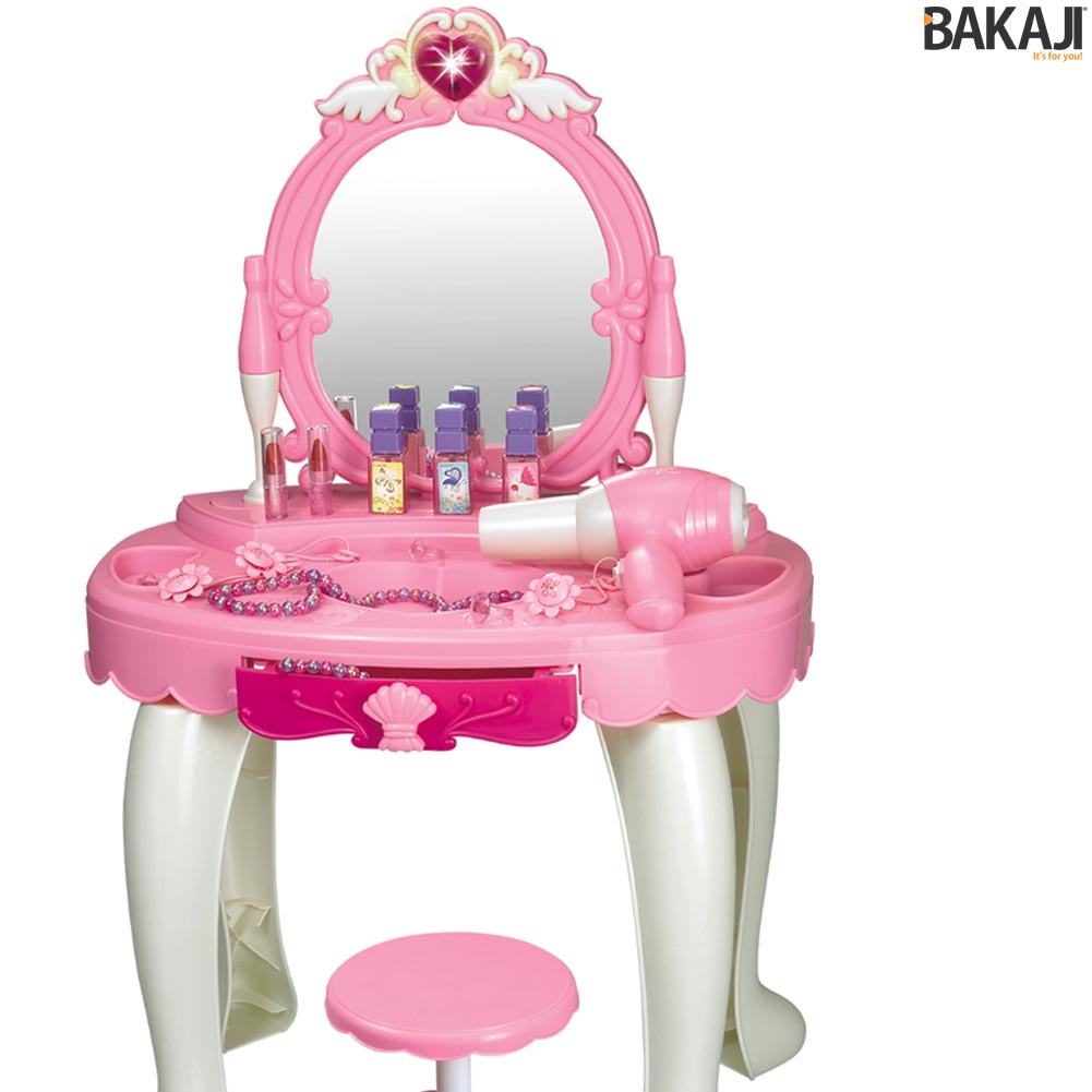 Specchiera Make Up Per Bambina Con Luci Suoni Asciugacapelli Reale E Sgabello