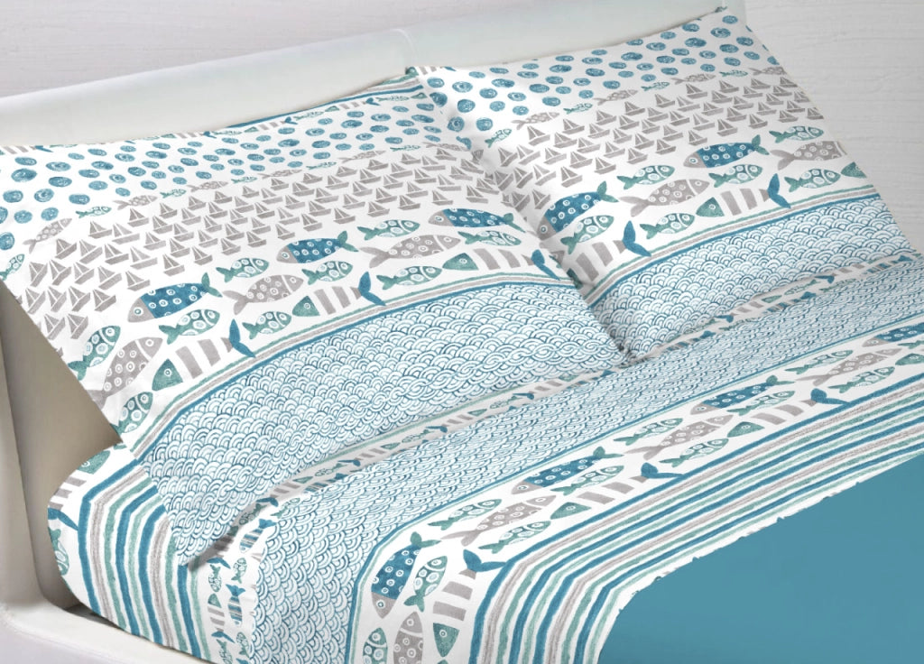 Completo Lenzuola Letto In 100% Cotone Made Italy Disegno Marino Pesci - Piazza E Mezza - Azzurro