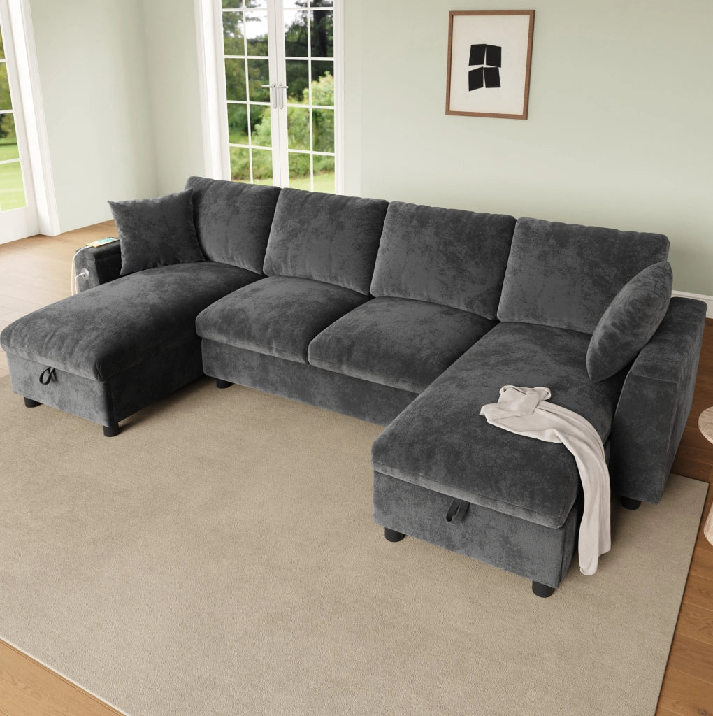 Divano a U in ciniglia con chaise longue contenitore; USB e Type-C; 279×135×84 cm; grigio
