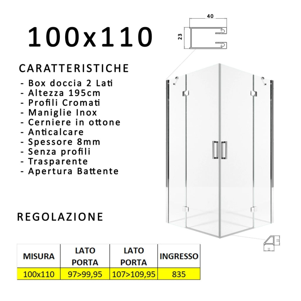Box doccia due lati battenti 8 mm h195 anticalcare regina, misura 100x110