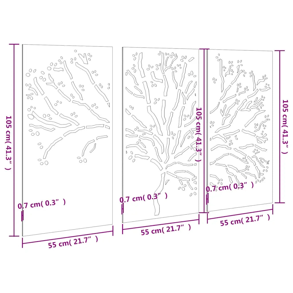 Decorazioni Muro Giardino 3pz 105x55 cm Albero Acciaio Corten 824511