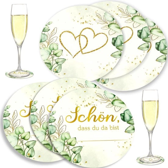 50 pezzi di velluto per birra, velluto "Schön Das Du Da Bist", velluto per matrimonio eucalipto, cartoncini di benvenuto bianchi, decorazioni per tavola per matrimoni
