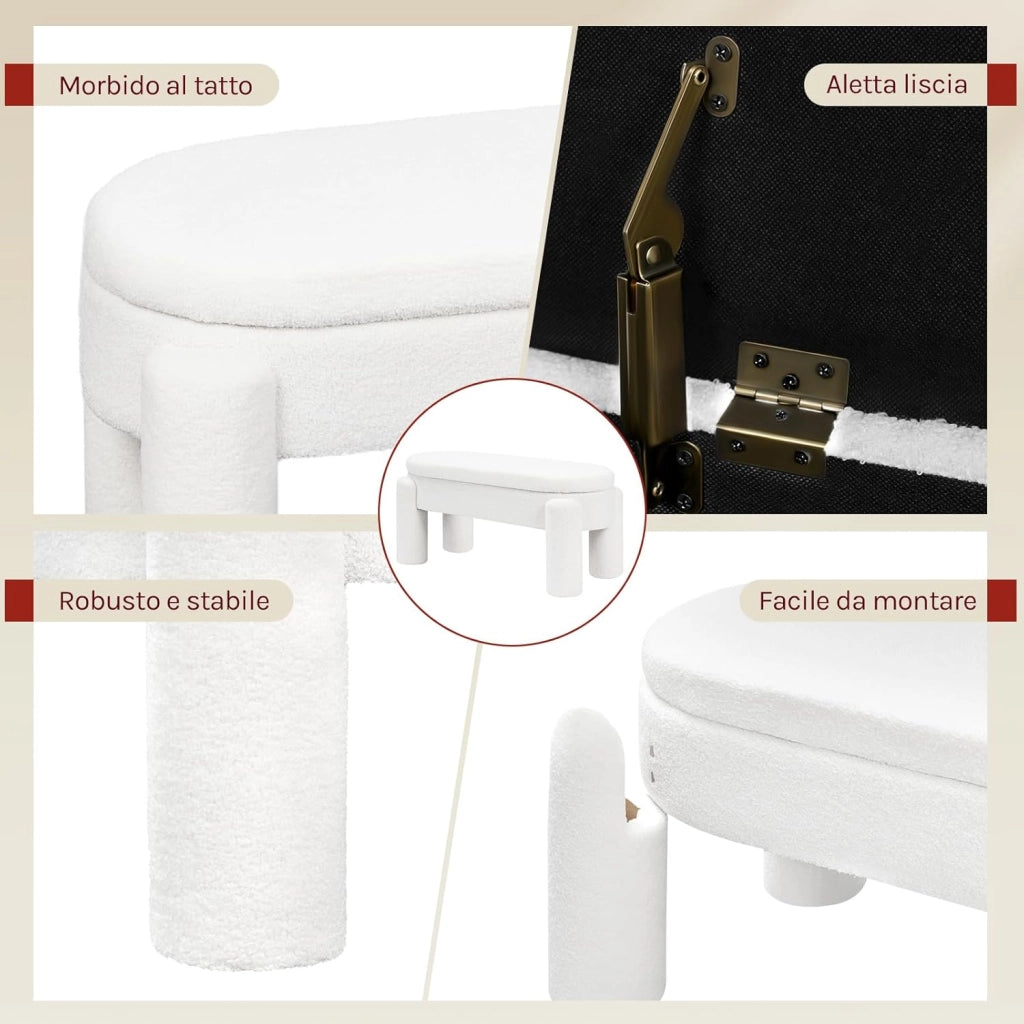 Panca Contenitore, Panca Imbottita in Tessuto Teddy, 114x47x53 cm, Poggiapiedi Divano, per Camera da Letto, Soggiorno, Ingresso, Portata 250 kg, Moderno, Bianco