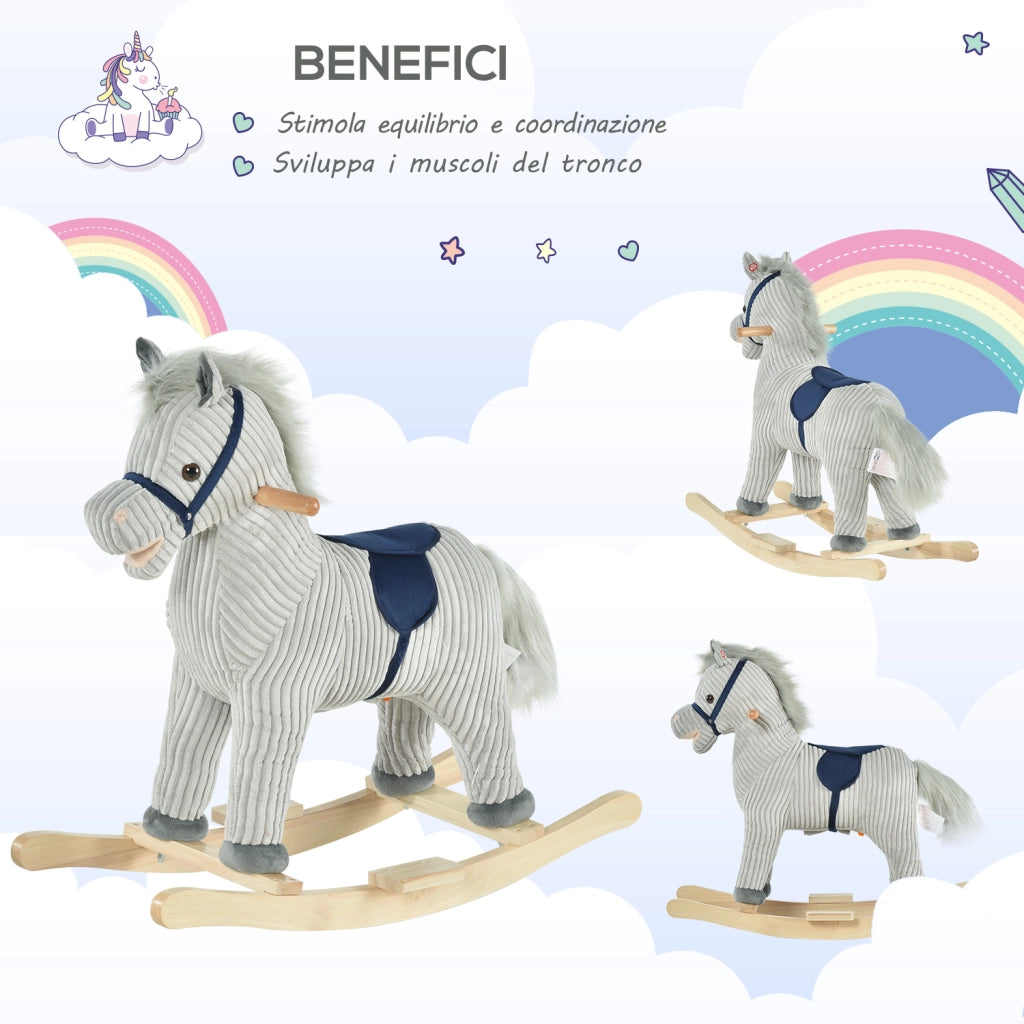 Cavallo a Dondolo per Bambini 3-6 Anni con Suoni in Peluche, 73x35x64cm, Grigio