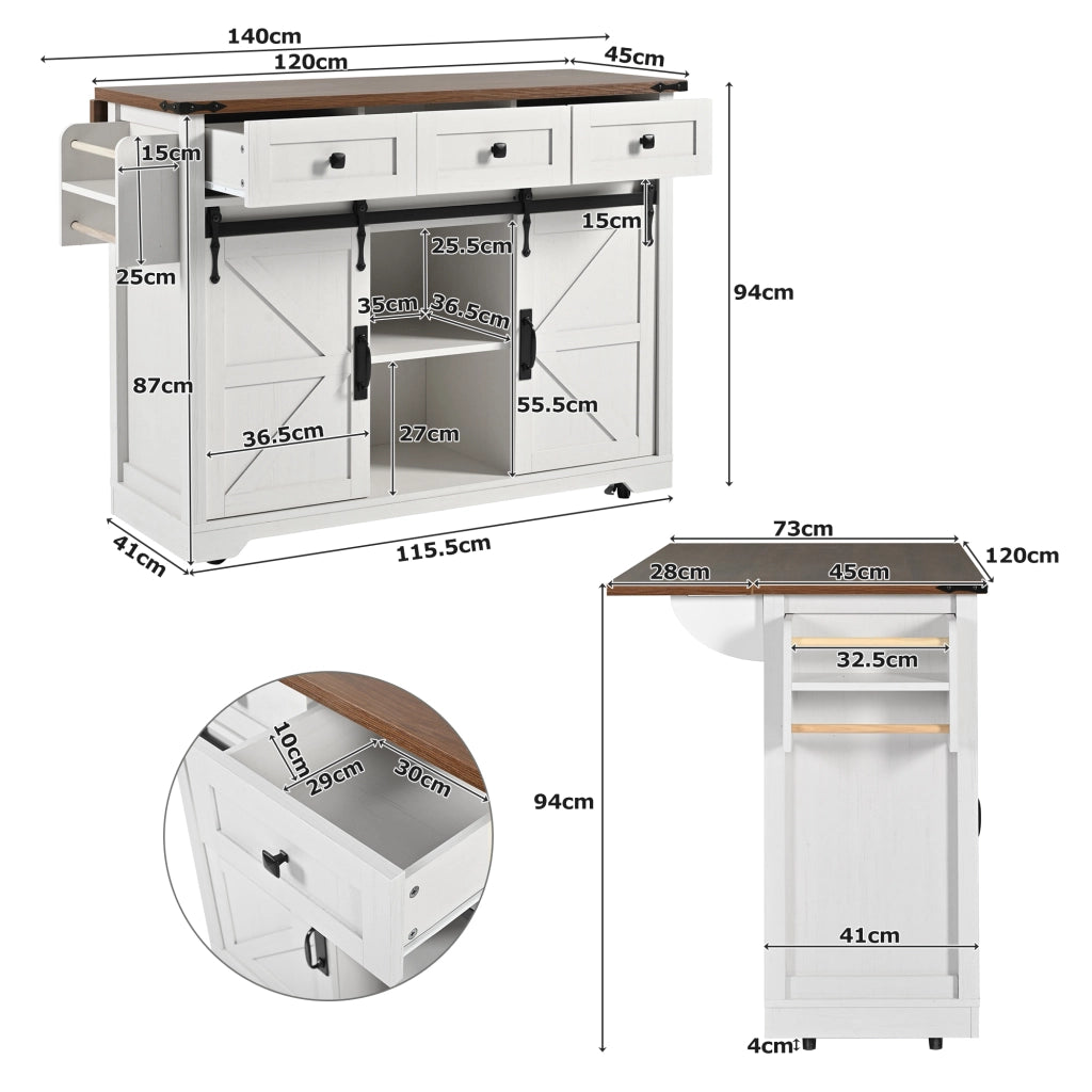Carrello da cucina con 3 Cassetti; 2 Ante Scorrevoli; Piano Pieghevole e Ruote; in MDF; 140x45x94 cm; Beige