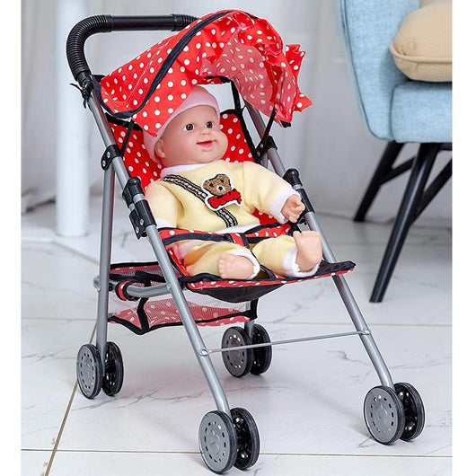 Passeggino Carrozzina Bambole in Metallo Giocattolo Bambini Pieghevole Rosso Pois