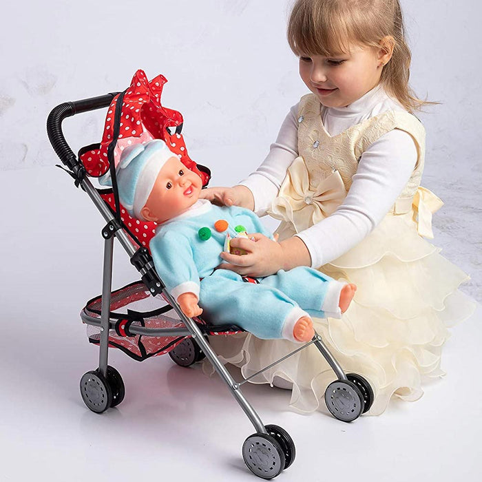 Passeggino Carrozzina Bambole in Metallo Giocattolo Bambini Pieghevole Rosso Pois