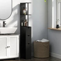 Mobile Colonna Salvaspazio in Legno con Ripiani, Armadietto e Cassetti, Nero, 15x33x136cm