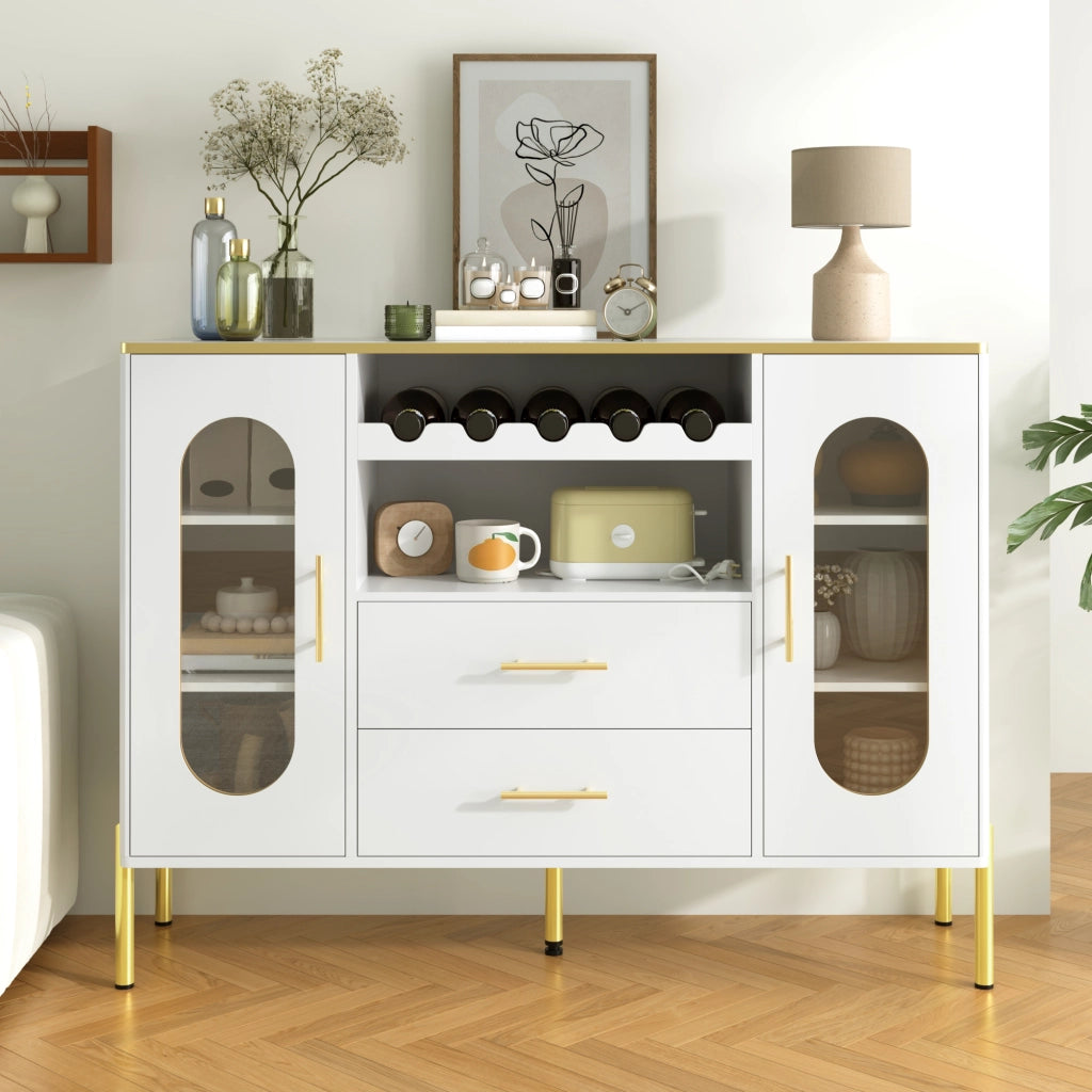 Credenza con 2 Ante in Vetro; 2 Cassetti e Portabottiglie; Maniglie Dorate; Piede Regolabile; in MDF; 120??38??90 cm; Bianco