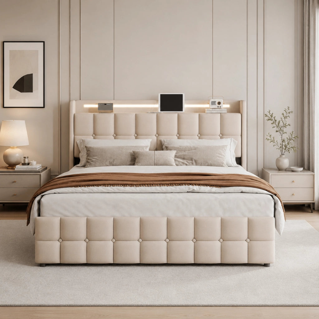 Letto matrimoniale 180x200 cm tessuto lino beige, testiera imbottita con luci RGB‑LED, porte USB, controllo app e telecomando, 4 cassetti contenitori su ruote, doghe in legno