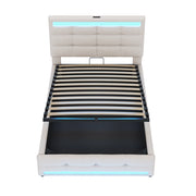 Letto singolo 90×200 cm con LED RGB; USB e testiera regolabile; senza materasso; tessuto; beige