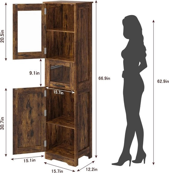 Cassettiere Bagno - Porta in Vetro - Scomparti Regolabili - Stante - 170cm