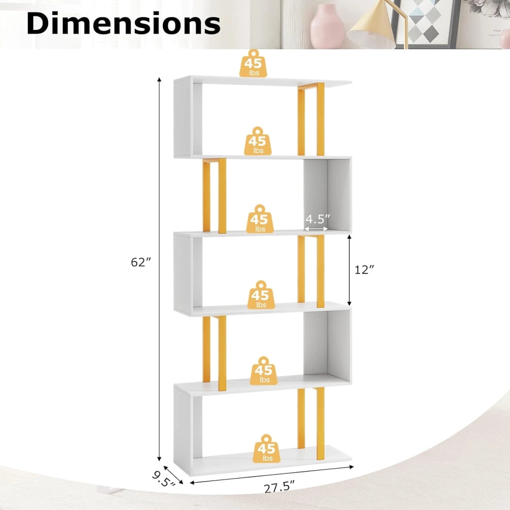 Scaffale Libri a Forma S con 5/6 Ripiani | Struttura Ibrida Legno/Metallo + Kit Antiribaltamento | Libreria Moderna per Soggiorno, Ufficio e Camera | Design Spazioso & Sicuro (Max 50kg)