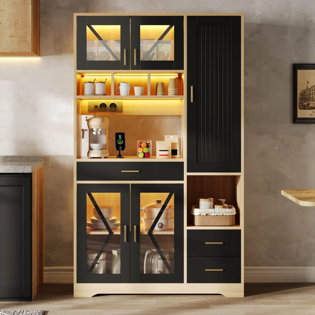 Buffet da cucina in stile vintage con LED RGB, prese e ampio spazio contenitore, 185 x 105 x 40 cm