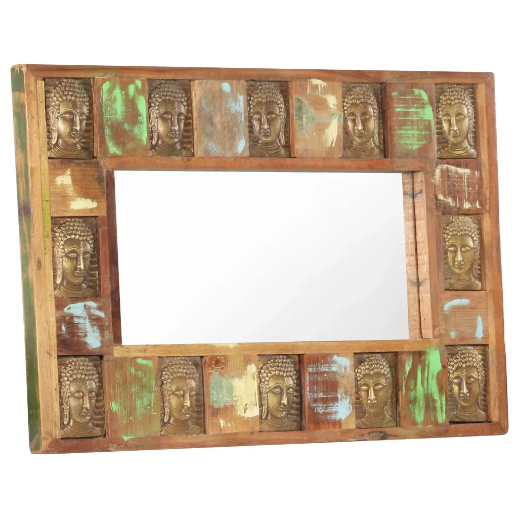 Specchio Decorato con Buddha 80x50cm Legno Massello di Recupero