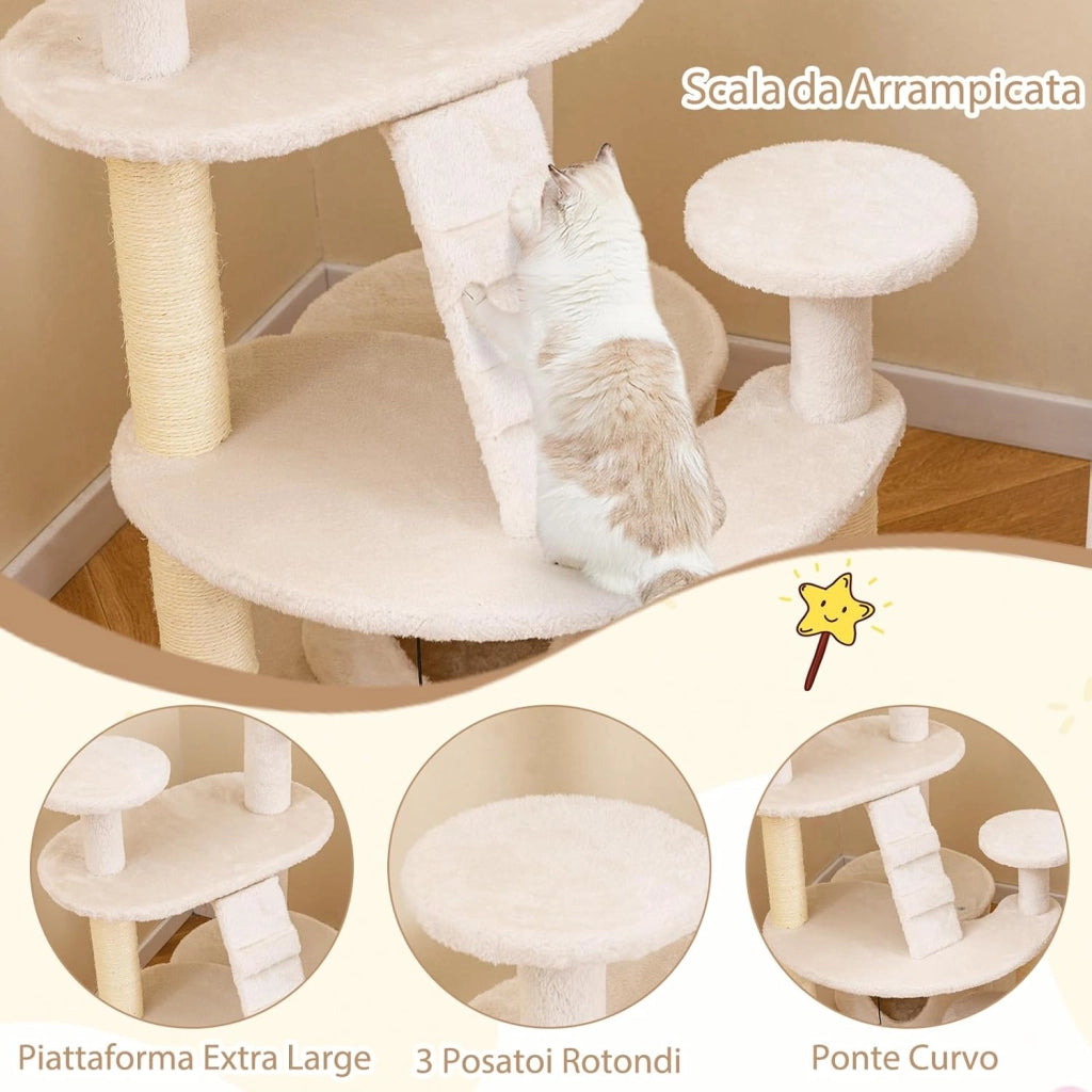 Albero per Gatti Adulti, Torre per Gatti Alta 101 cm con Condominio, Piattaforma Imbottita, Tiragraffi, Pallina di Peluche Pendente e Scala, Albero Tiragraffi in Legno per Interno (Bianco)