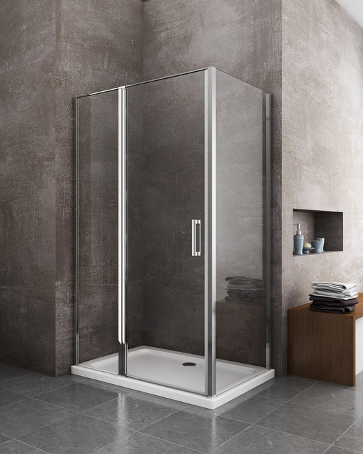 Box doccia angolare parete fissa e porta battente e fisso in linea vetro 6 mm reversibile Misura Fisso 66,5-69 porta 137-140 (35+65)  