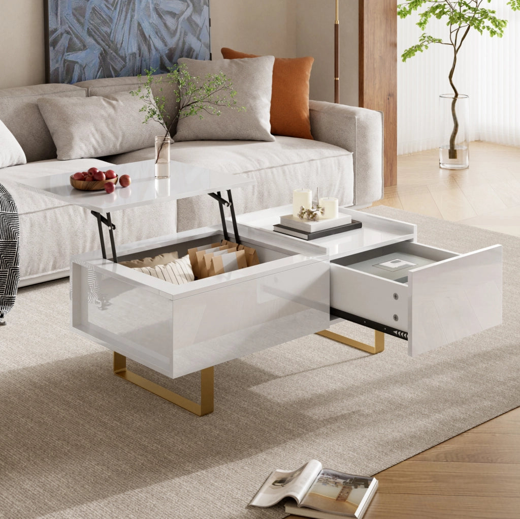 Tavolino da salotto 100x50x54.5 cm regolabile in altezza con cassetto e vano contenitore in MDF bianco