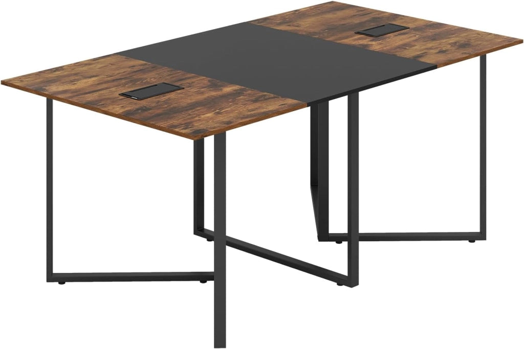 Tavolo da Conferenza 180 cm per 6-8 Persone, Tavolo Riunione Rettangolare con 2 Passacavi, Struttura Metallica, Portata 120 kg, Stile Industriale, per Sala Riunioni, Ufficio