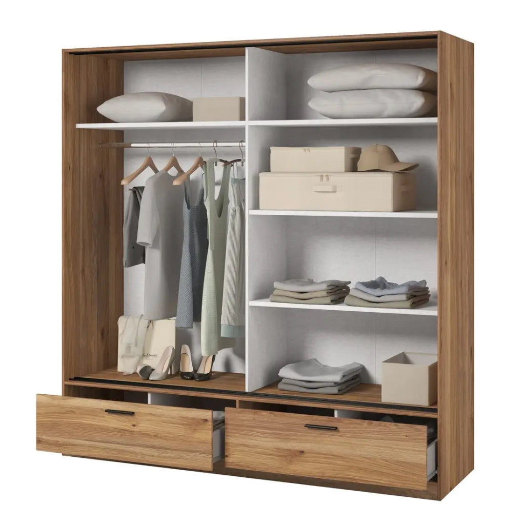 Armadio EOS a 2 porte scorrevoli con specchio in rovere chiaro 180 cm