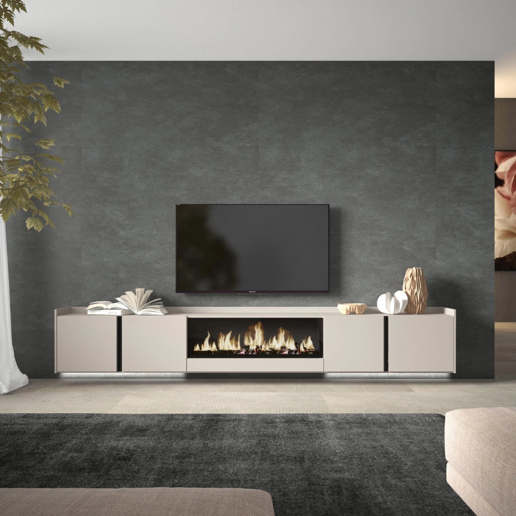 Mobile TV Soggiorno, 315x50x35 cm, Per TV fino a 80", Camino elettrico XXL, Sospeso, da appendere, LED, Beige