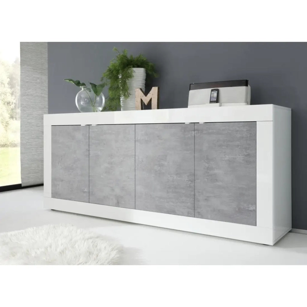 Buffet 4 porte, collezione ISORA, bianco lucido laccato/rovere chiaro, ideale per soggiorno moderno