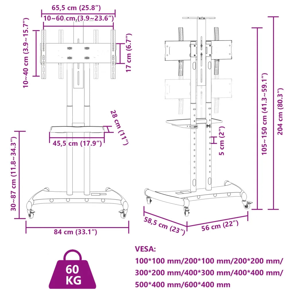Supporto TV | Armadietto TV | Mobile Porta TV con Ruote Schermo 32"-70" Max VESA 600x400 mm 60kg