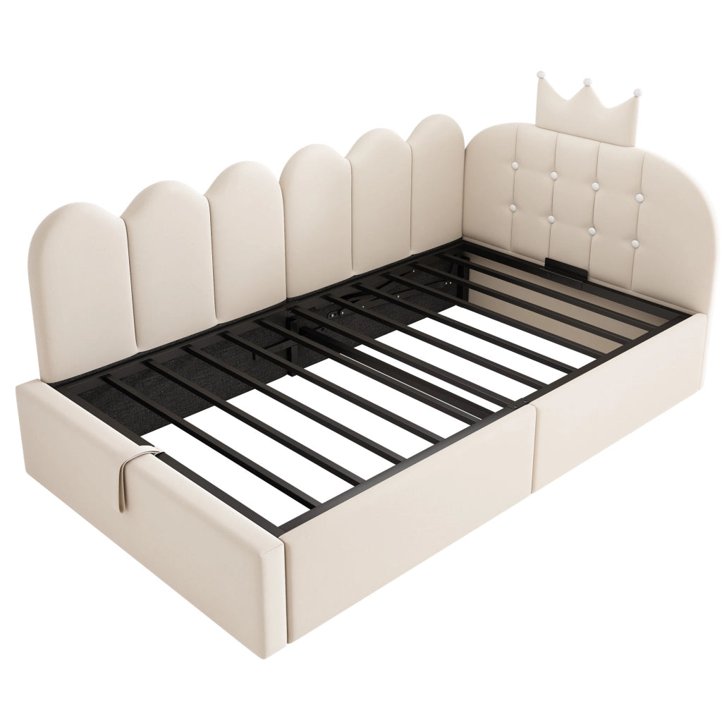 Letto da giorno contenitore 90x190 cm; design a corona e griglia; velluto beige