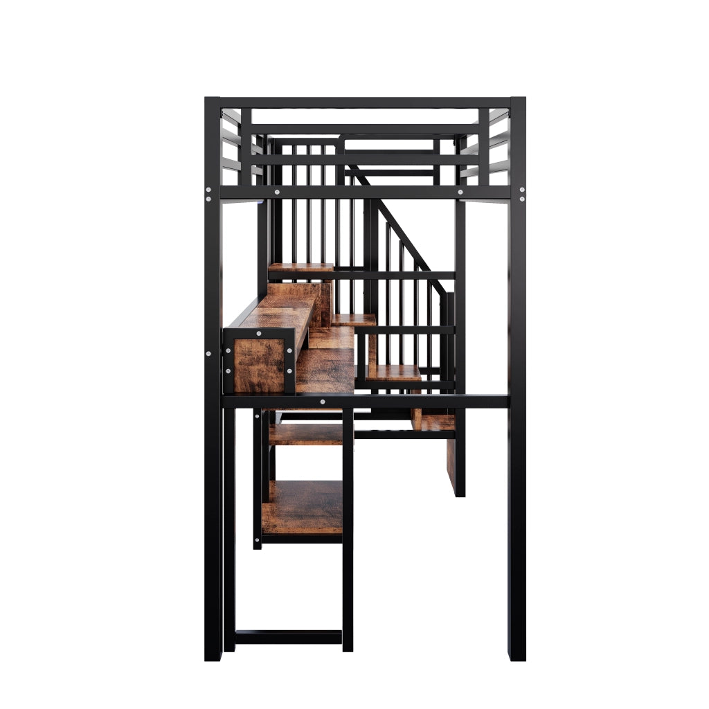 Letto a soppalco singolo 90×200 cm con LED; USB e Type-C; ripiani; senza materasso; metallo; nero