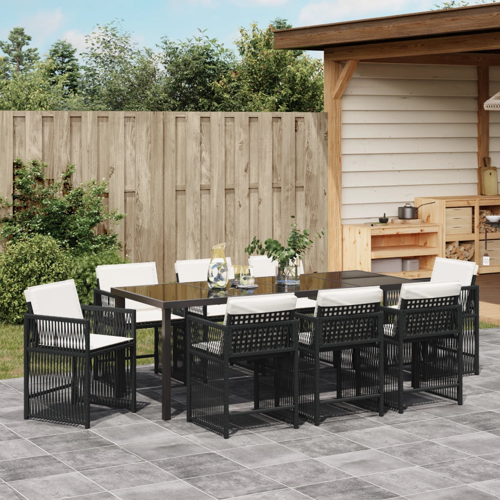 Set da pranzo da giardino di 9 pezzi con cuscini in polyrattan nero