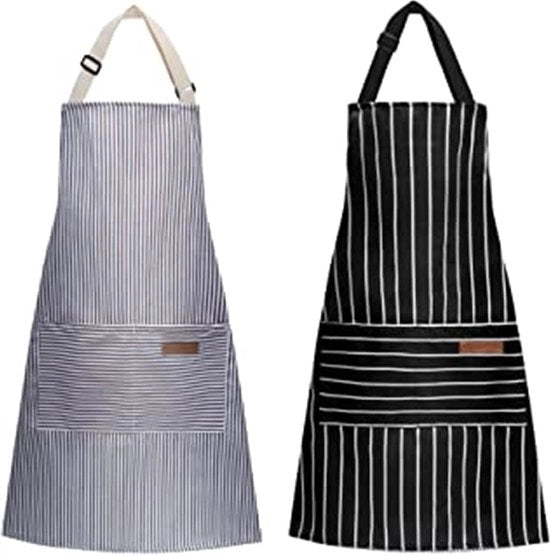 Due grembiuli da cucina, grembiuli a strisce, cinture regolabili, per cucinare, giardinaggio, ristoranti, barbecue, cucina, ristoranti e caffè, per signore e signori (nero e grigio), nero