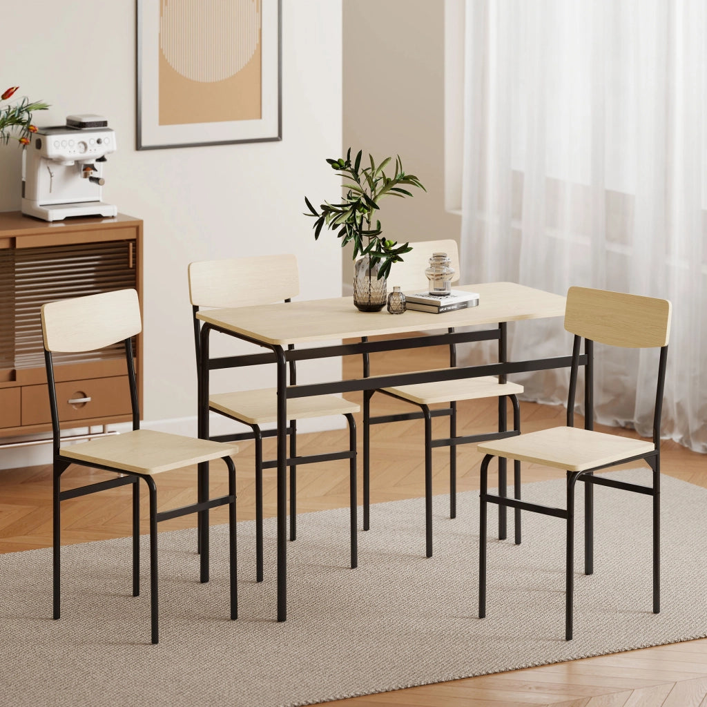 Set da Pranzo 5 Pezzi con Tavolo Rettangolare e 4 Sedie da Pranzo in MDF e Gambe in Metallo Nero e color Legno
