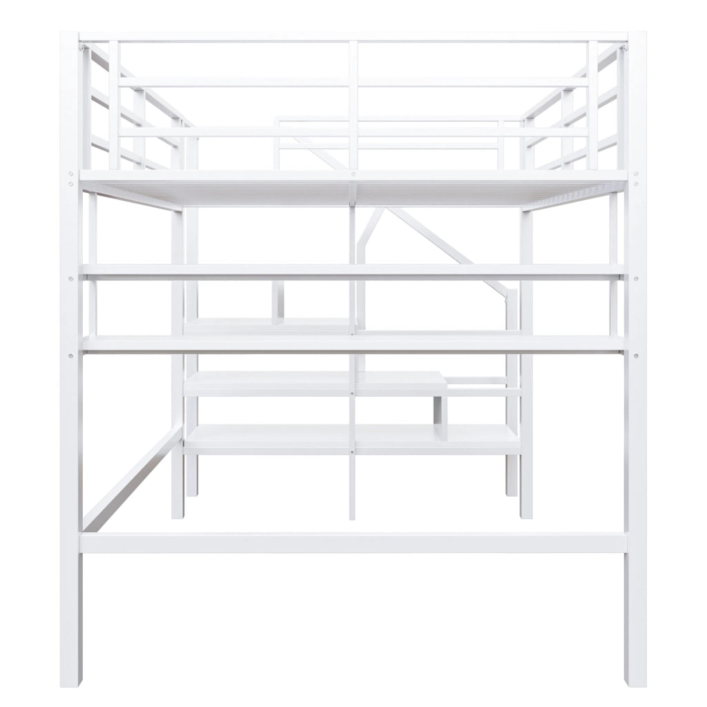 Letto a soppalco per bambini 140x200 cm bianco con scaffali e scala contenitore
