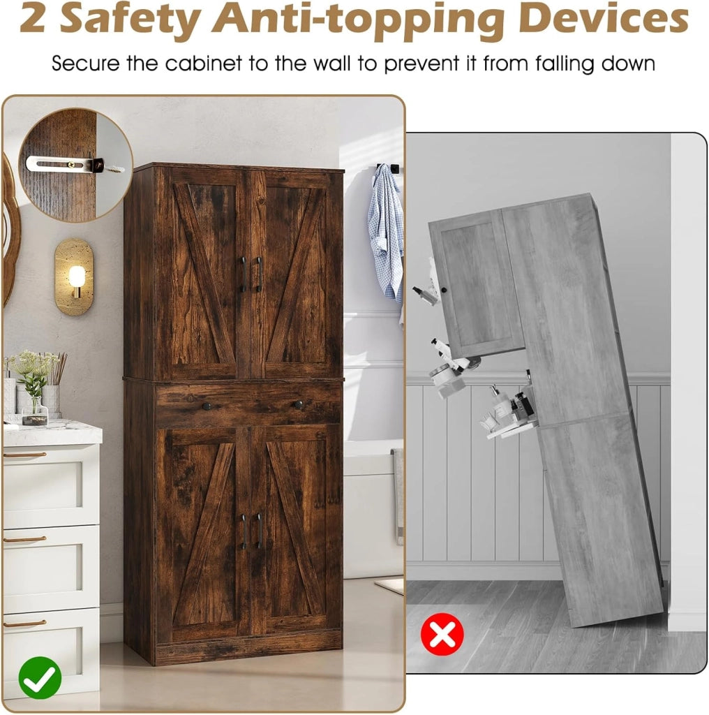 Armadio alto da cucina con 4 ante e 1 cassetto, dispensa in legno con ripiani regolabili, 77 x 39 x 183 cm, mobile per soggiorno, sala da pranzo, bagno (marrone)