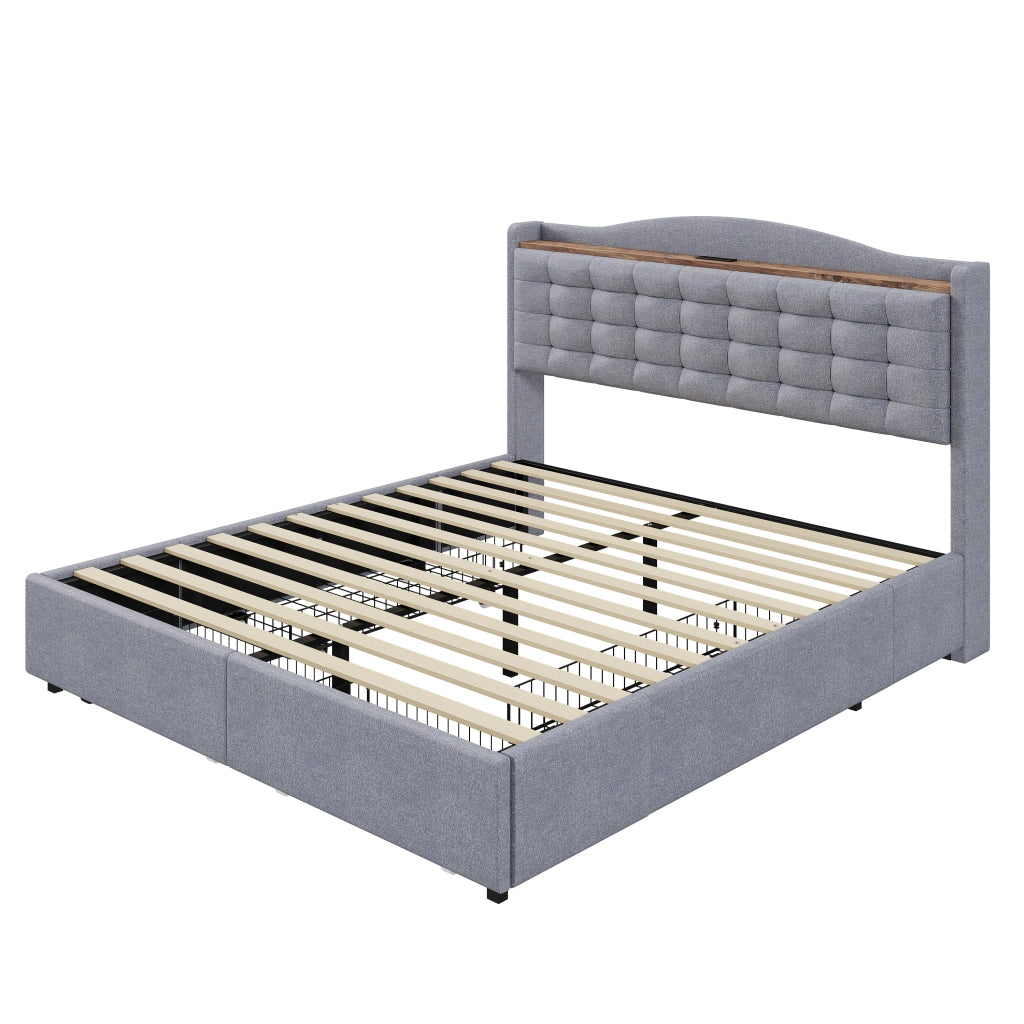Letto Imbottito Matrimoniale con Cassetti e Comodini ¨C MINIMAL ¨C Tessuto Grigio 160x200