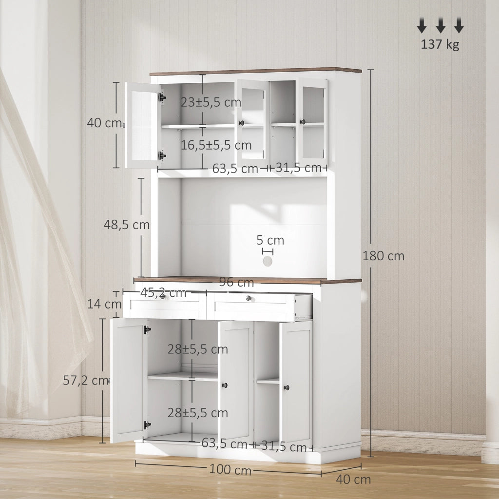 Armadio Cucina con Ante a Vetro, 2 Cassetti e Ripiani ¨C zephmum ¨C Bianco 100x40x180 cm