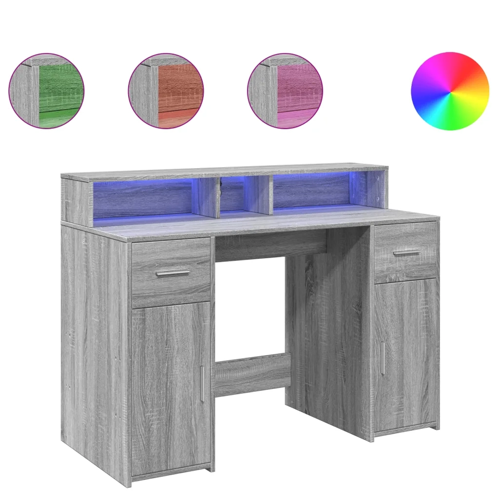 Scrivania | Tavolo da Ufficio con Luci LED Grigio Sonoma 120x55x91cm in Multistrato